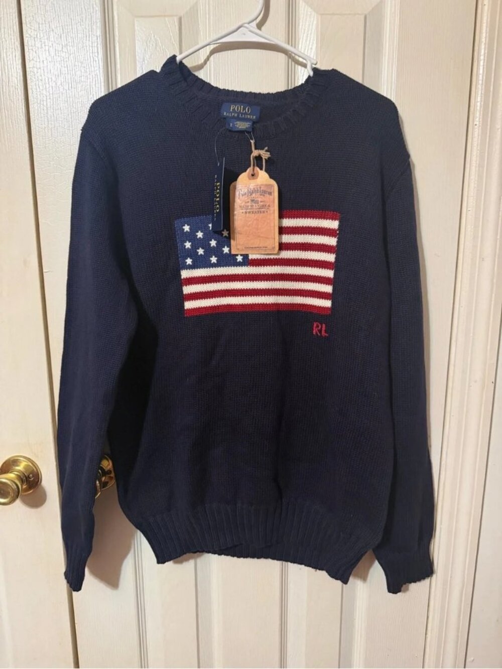 Polo Ralph Lauren USA American Flag Crewneck Sweater Navy Blue Made in USA NWT